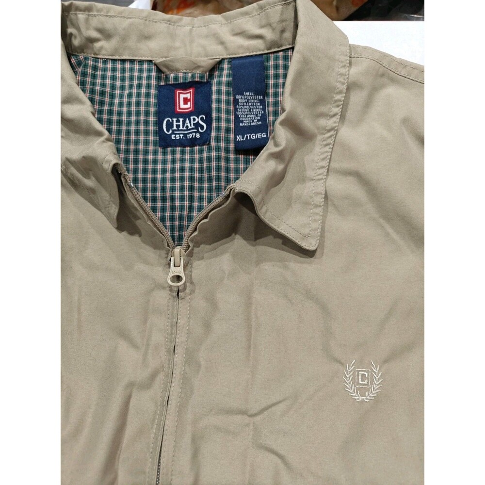 Chaps Mens Harrington Jacket Tan Khaki Full Zip Plaid Lined Windbreaker XL